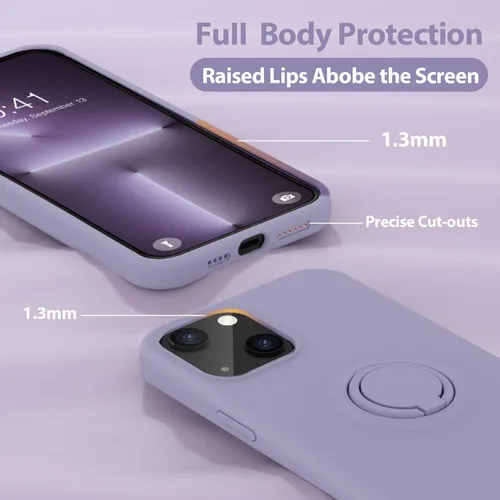 Vista 4 de MOCCA Funda compatible con iPhone 13 de 6.1 pulgadas con soporte de anillo Silicona líquida Forro de microfibra Funda protectora antiarañazos