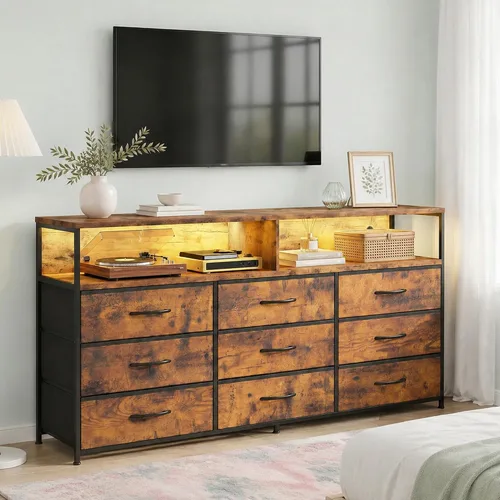 Vista 2 de Cómoda para dormitorio con 9 cajones, soporte de TV LED con tomas de Marrón