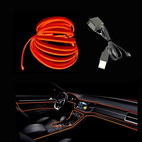 Vista 10 de Tira de luces LED de cable electroluminiscente azul para interior de automóvil, 6.5 pies de cable de neón con controlador USB de 5 voltios