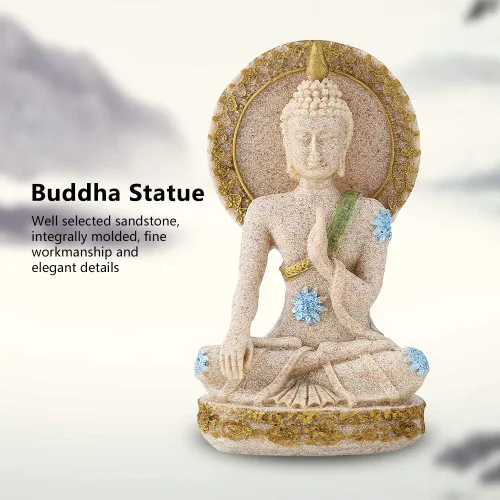 Vista 4 de Eujgoov - Estatua de bodhisattva de piedra arenisca Fengshui, estatua de Buda de piedra arenisca para el hogar, decoración de hotel, adorno