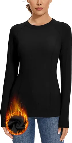 Vista 15 de WOWENY Camisas térmicas para mujer, forro polar, manga larga, capa base, parte superior de invierno Azul bebé