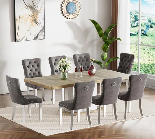 Vista 110 de Juego de mesa de comedor extensible de 5 piezas, juego de mesa de comedor extensible de estilo granja para 4, mesa de cocina expandible de madera