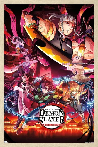 Vista 14 de Demon Slayer - Póster de pared Key Visual 1, 22.4 pulgadas de largo x 14.7 pulgadas de ancho, versión enmarcada de madera de granero
