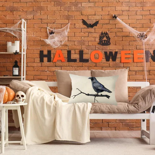 Vista 3 de Ogiselestyle Fundas de almohada de cuervo negro con texto en inglés «Happy Halloween», 12 x 20 pulgadas, fundas de almohada decorativas para el sofá