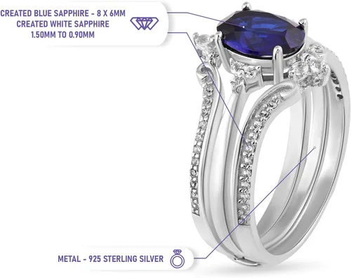 Vista 2 de Juego de anillos nupciales de zafiro azul creado y zafiro blanco creado para mujer, plata de ley 925, anillo potenciador de anillo para novia