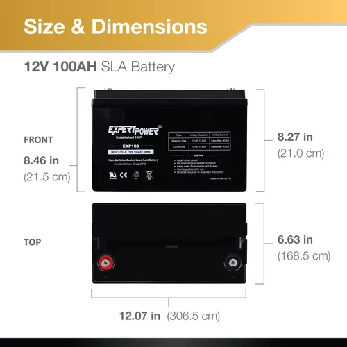 Vista 3 de ExpertPower Paquete de 2 baterías de plomo selladas AGM de energía eólica solar de 12V 100Ah