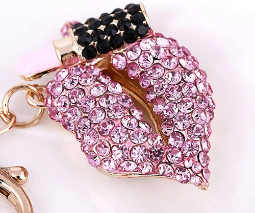 Vista 6 de Llavero con diamantes de imitación de cristal para labios y labiales, llavero de aleación de metal, llavero para bolso, bolso y colgante