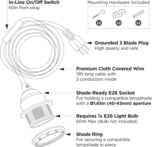 Vista 7 de BRIGHTTIA Lámpara colgante de swag negra enchufable – Pantalla de lámpara lista para colgar E26 enchufe roscado con juego de cable de 15 pies e