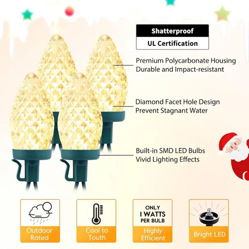 Vista 4 de Cadena de luces LED C9 de Navidad, 66 pies con 100 luces LED impermeables en forma de fresa, cadena de luces con enchufe extensible de cable verde