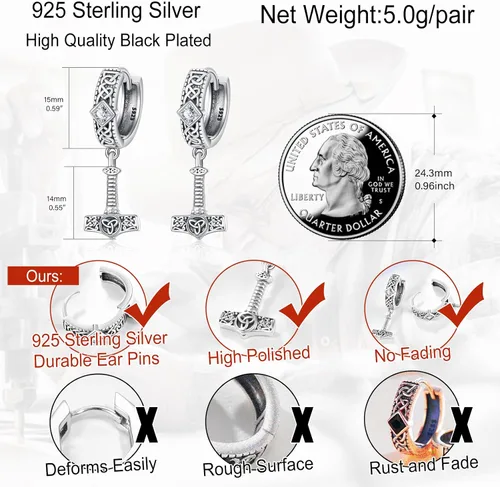 Vista 2 de Aretes colgantes de plata de ley 925, nudo celta, vikingo, espada, turquesa, martillo de Thor, negro, plata y oro, aretes colgantes de múltiples