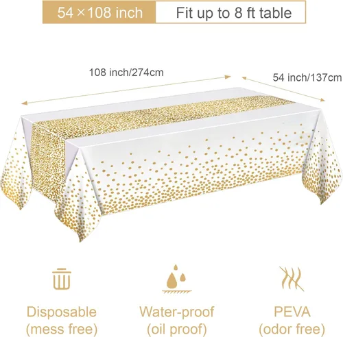 Vista 2 de MOLFUJ Mantel de plástico blanco y dorado de 54 x 108 pulgadas para fiesta, paquete de 2 manteles desechables blancos para mesa rectangular de 8