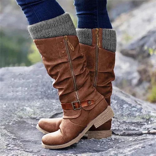 Vista 2 de Botas de media pantorrilla para mujer, botas vaqueras de cuero occidental, elegantes botas altas hasta la rodilla, botas desplegadas vintage