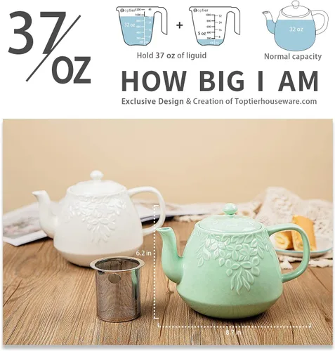 Vista 6 de Toptier Juego de tetera de hierro fundido y tetera de porcelana, 32 oz y 37 oz, apta para estufa, verde