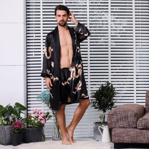 Vista 4 de Bata de satén para hombre, de seda, de manga larga, kimono, ropa de dormir, ropa de descanso