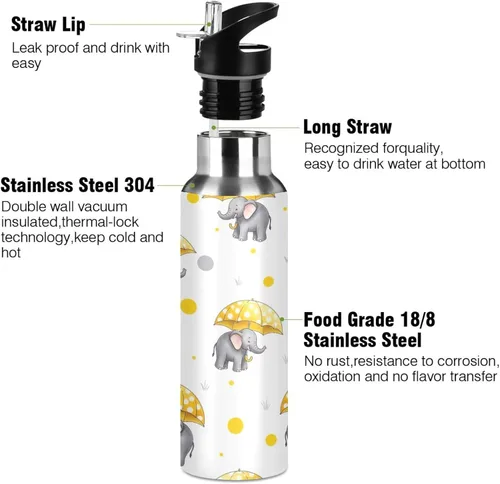 Vista 3 de Stainless Steel Water Bottle 20 Oz, BPA-Free Sports Water Bottle for Gym Outdoor Travel School, Cute Elephants Yellow Umbrellas