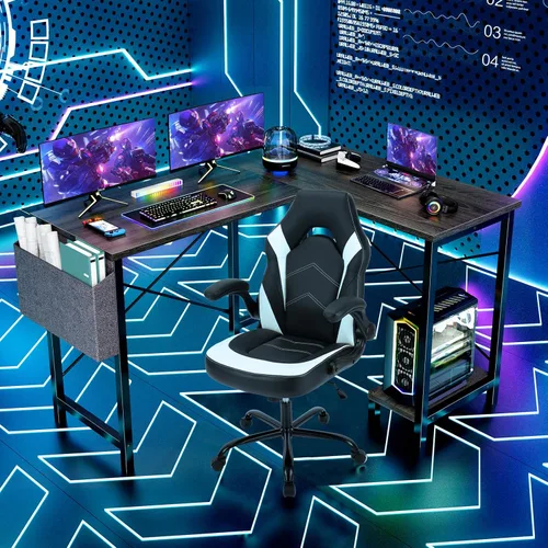Vista 5 de Sweetcrispy Escritorio para juegos en forma de L, mesa de esquina para computadora, juegos de PC con soporte de CPU, bolsa lateral para el hogar