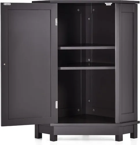 Vista 4 de PULLAFUN Gabinete de baño Armario de almacenamiento de esquina triangular con estante ajustable Tablero MDF de estilo moderno, negro y marrón