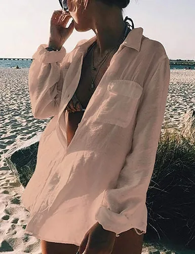 Vista 6 de Bsubseach Camisa de playa de manga larga para mujer, blusas para cubrir el traje de baño, cuello con botones