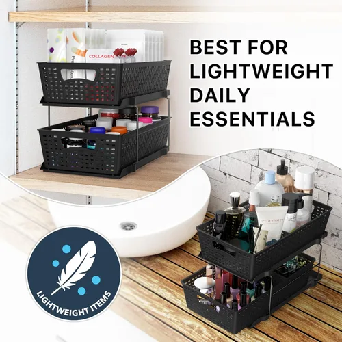 Vista 7 de Simple Houseware Bandeja organizadora de baño de 2 niveles, cajón deslizante extraíble, almacenamiento debajo del fregadero, color negro