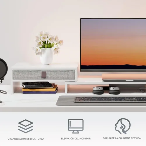 Vista 2 de Fenge Soporte elevador para monitor de computadora con cajón para 2 o 3 monitores, longitud y ángulo ajustables, soporte de computadora portátil