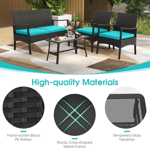Vista 6 de HAPPYGRILL Juego de 4 muebles de mimbre para patio, juego de conversación de mimbre de polietileno, sofá de ratán con cojines, mesa de centro