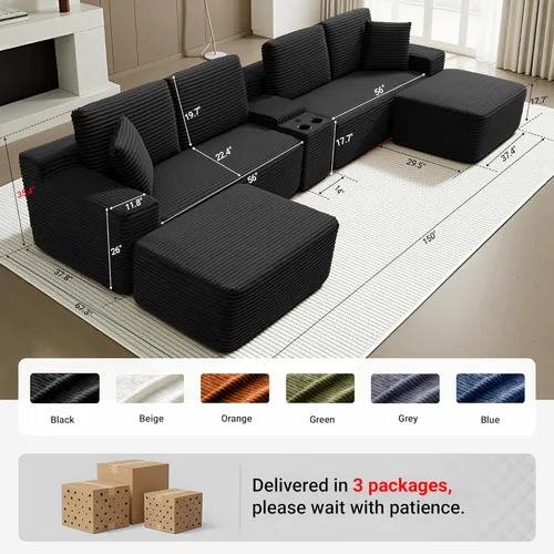 Vista 2 de Sofá modular modular de 150 pulgadas, sofá de nube moderno de gran tamaño para sala de estar, sofás en forma de U con 2 otomanas, puertos USB y Negro