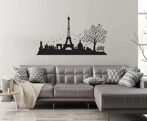Vista 3 de Calcomanía de pared de la ciudad de París y la Torre Eiffel, diseño de horizonte de París, calcomanía de pared de la Torre Eiffel de París