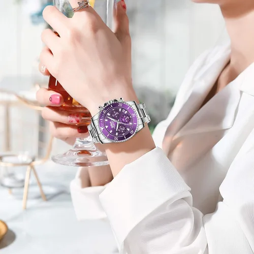 Vista 4 de FANMIS Reloj de pulsera para mujer, elegante, con bisel giratorio, cristal mineral, luminoso, de acero inoxidable, impermeable, fecha, analógico