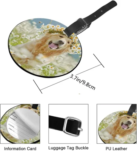 Vista 2 de TKS MITLAN Golden Retriever - Etiqueta de equipaje para maletas, mujeres, perros en la naturaleza, sentados con una corona de flores en margaritas