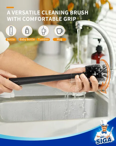 Vista 4 de MR.SIGA Water Bottle Brush and Straw Cleaner Brush, Long Handle Bottle Cleaner Brush, 2 in 1 Bottle Cleaning Brush for Sports Bottles, Baby Bottles
