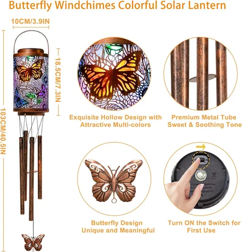 Vista 5 de Campanillas de viento solares de mariposa para exteriores, regalos de jardín para mamá, faroles solares para decoración al aire libre para balcón