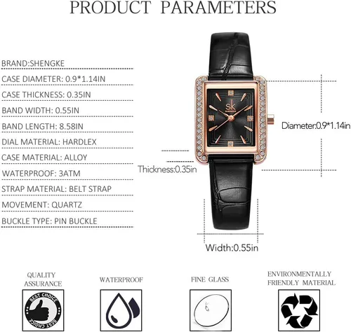 Vista 6 de SHENGKE Reloj rectangular para mujer con bisel decorado de cristal, reloj de pulsera cuadrado con forma de tanque clásico con esfera transparente