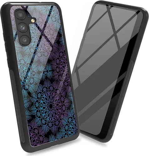 Vista 17 de Funda para Samsung Galaxy A13 5G con protector de pantalla, cubierta trasera de vidrio templado, diseño de flores de gato negro, marco de Flores
