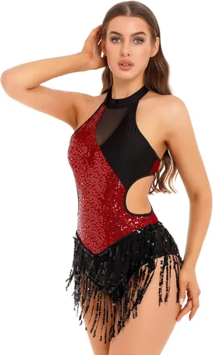 Vista 3 de Xnihocha Body de lentejuelas brillantes con flecos, leotardo sexy con borlas, traje de baile de jazz, vestido de una pieza para actuación en escen