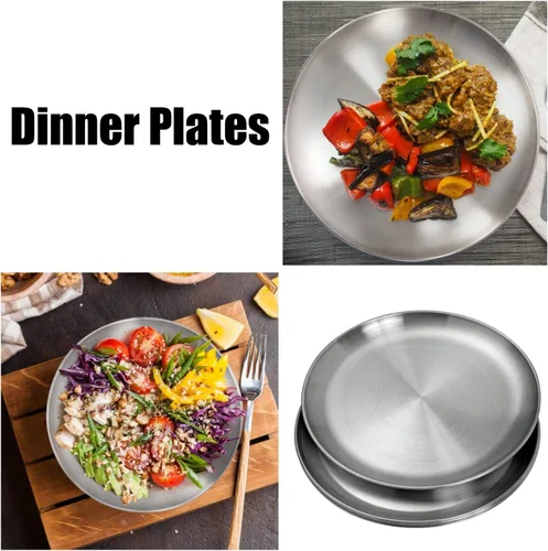 Vista 7 de CAMBUY Juego de platos de acero inoxidable de 10 pulgadas, platos de metal ligeros irrompibles para cena, no tóxicos, aptos para lavavajillas, sin