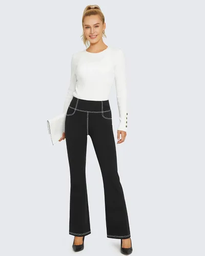 Vista 7 de G4Free Pantalones de yoga con bolsillos para mujer, pantalones capri, cintura alta, acampanados, corte de bota, vestido casual de entrenamiento