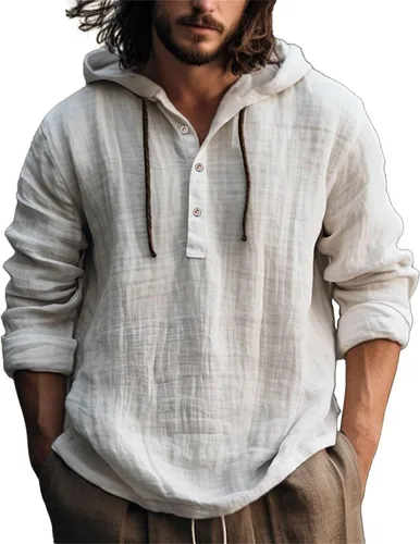 Vista 16 de Camisas de lino para hombre, ligeras, con botones, de manga larga, con capucha, ajuste regular, de algodón, para la playa