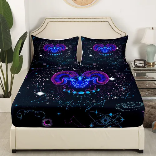 Vista 3 de Erosebridal Aries - Juego de sábanas tamaño individual de nebulosa hippie y astrología del zodiaco psicodélico, juego de sábanas psicodélico
