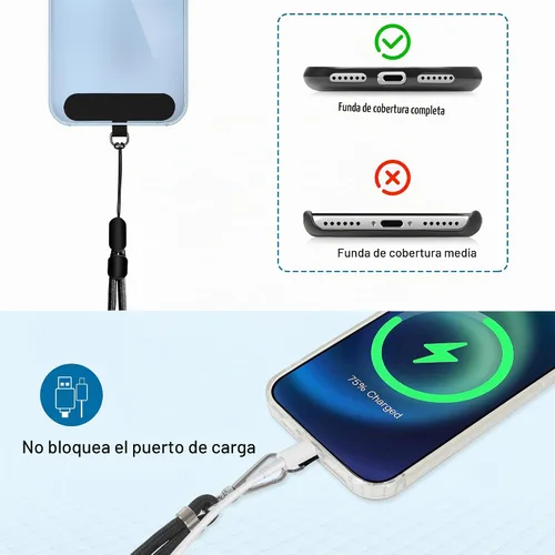 Vista 6 de Cordon para teléfono celular, cordon cruzado para teléfono con correa de cuello ajustable y paquete de 2 correas de muñeca para teléfono con parches
