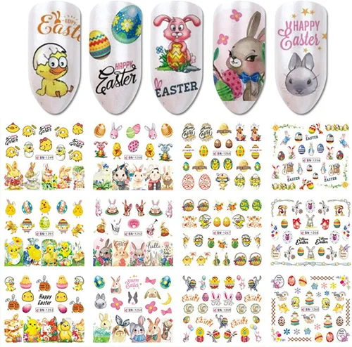 Vista 6 de 12 Hojas de Calcomanías para Uñas con Animales, Diseño de Conejos, Pollos y Patos, Calcomanías de Transferencia de Agua, Pegatinas de Arte
