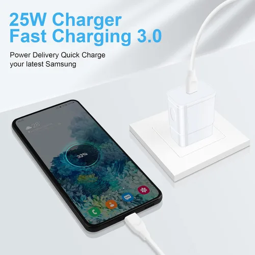 Vista 5 de Cargador súper rápido de 25 W, cargador de teléfono Android C de 10 pies de largo, cable USB tipo C, carga rápida para Samsung Galaxy A17 A16 5G A15