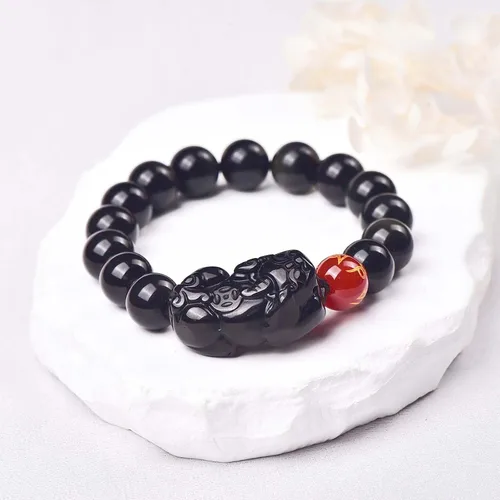 Vista 12 de Pulsera de obsidiana negra, pulsera de obsidiana negra Feng Shui para mujeres y hombres, pulsera elástica de obsidiana con piedra de ojo de tigre