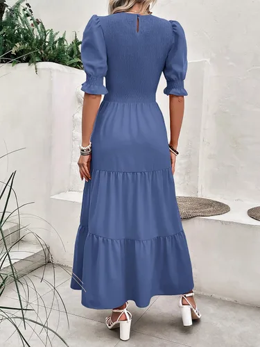 Vista 103 de BTFBM Vestidos para mujer, cuello redondo, casual, de verano, con volantes, manga corta, bohemio, con niveles, fruncido, largo, con estampado floral
