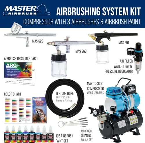 Vista 2 de Kit completo del sistema de aerógrafo multiuso Master para aerografía profesional con 3 aerógrafos Master, kit de pintura con aerógrado de 6