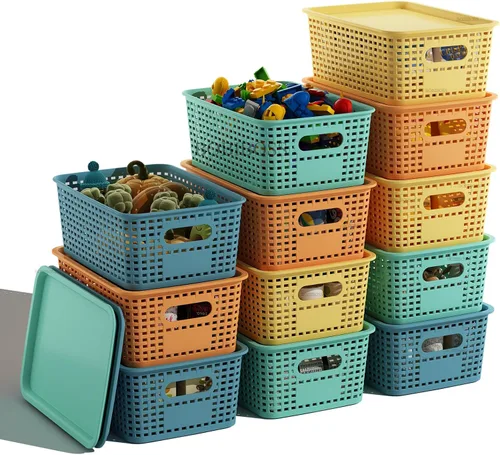 Vista 10 de Cestas de almacenamiento de plástico negro con tapas, paquete de 10 recipientes de almacenamiento apilables contenedores para organización