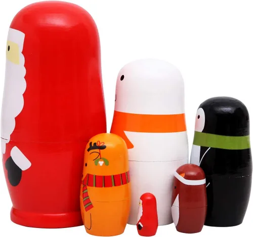 Vista 3 de 6 hermosas muñecas rusas de madera hechas a mano con Papá Noel, Matryoshka, regalo para Navidad y cumpleaños, juego de 6 muñecas apilables de 6