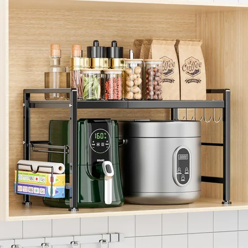 Vista 3 de YIUKEA Estante extensible para horno de microondas, estante ajustable para encimera de cocina, soporte de microondas de 2 niveles
