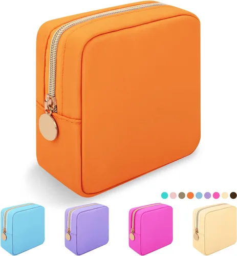 Vista 45 de Iqimott Bolsa Grande de Maquillaje de Nylon, Neceser de Viaje, Bolsa Grande de Cosméticos Preppy, Organizador de Maquillaje de Nylon, Bolsa de Beige