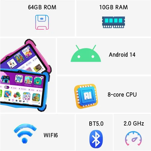 Vista 10 de Fivahiva Tableta para niños de 7 pulgadas, tableta Android 14 para niños, Octa-Core, 10 GB de RAM +64 GB de ROM 512 GB expandir, cámara dual Rosa
