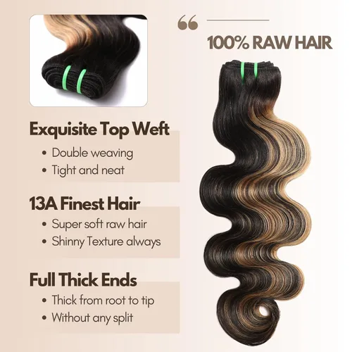 Vista 3 de Paquetes de Cabello Humano 13A Doble Extraído FB/27 Ondas del Cuerpo Color Rubio con Mechas, Rubio Miel con Negro Paquete Individual Cabello Humano